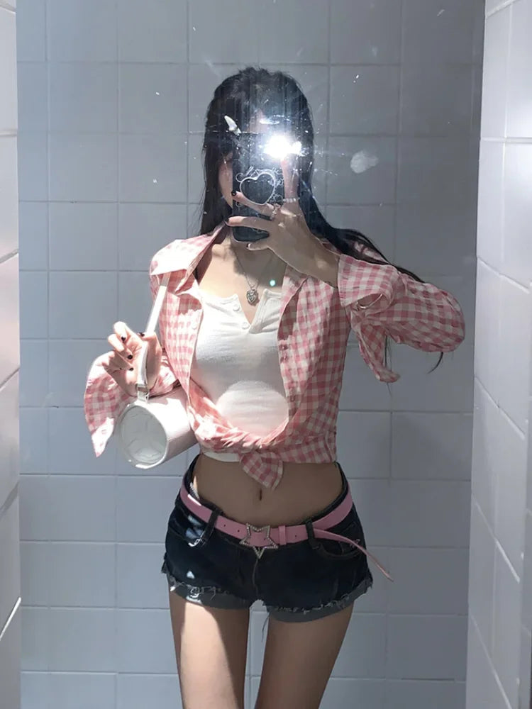 Y2k Pink Plaid Shirts Check Graphic Long Sleeve Blouses Female Spring Autumn Slim Button Up Cardigan Ins