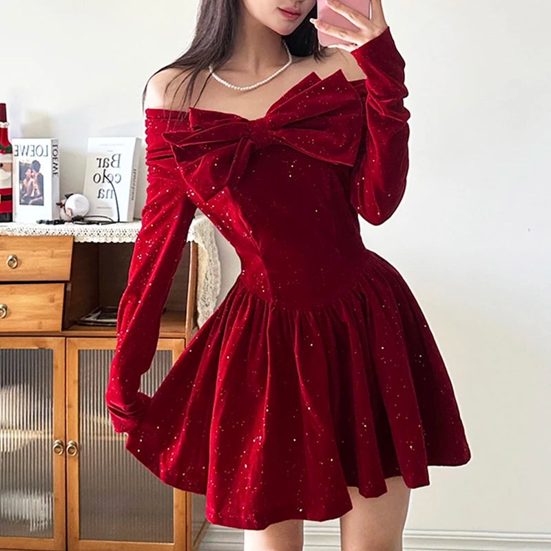 Aline Pleated Dress for Party Holiday Red Christmas New Year Ball Gown Mini Dresses Bow Slash Neck Robe