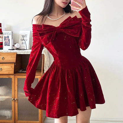 Aline Pleated Dress for Party Holiday Red Christmas New Year Ball Gown Mini Dresses Bow Slash Neck Robe