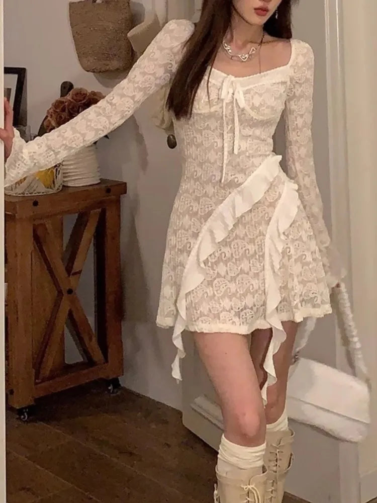 Autumn French Y2k Mini Dress Woman Flare Sleeve Ruffles Laceup Slim Aline One Piece Party Robe Korean