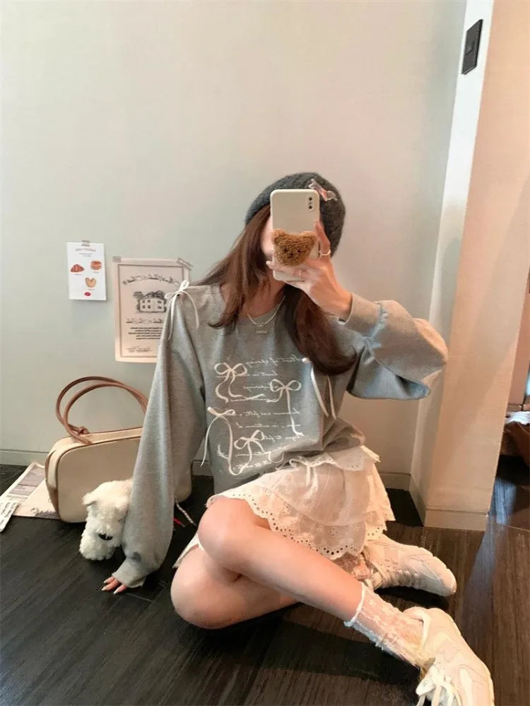 Sweatshirt Bow Hollow Out O Neck Long Sleeve Letter Printed Loose Thin Pullover Autumn New Sweet Female Hoodies