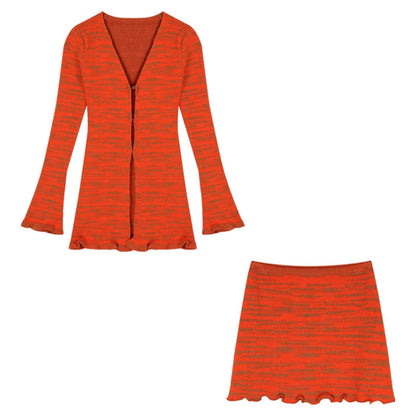 Y2k Orange Striped Suit Fungus Edge Longsleeved Knitted Cardigan Autumn Short Skirt 2piece Set