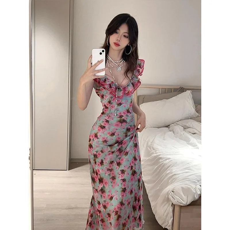 French Vneck Ruffle Dress for Summer New Unique Evening Party Dresses Vacation Style Waist Long Dress