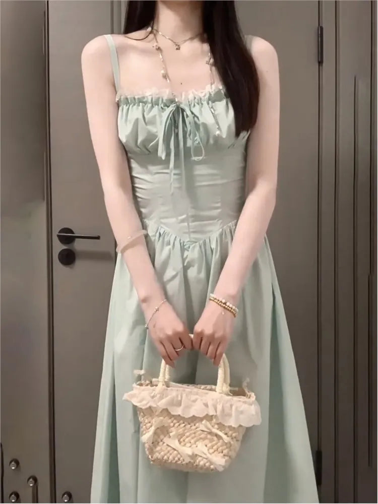 Summer New Spaghetti Strap Backless Midi Dresses for Lace-up Sleeveless Beach Style Korean One Piece Vestido Mujer