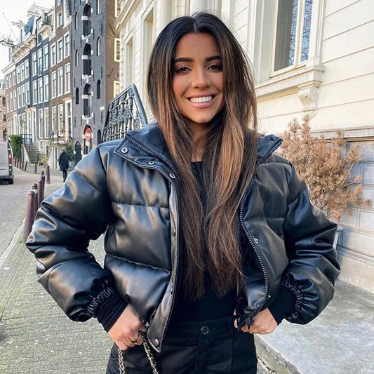 Winter Warm Thick Pu Leather Coats Short Parkas Black Cotton Padded Lady Down Jacket Zipper Clothes