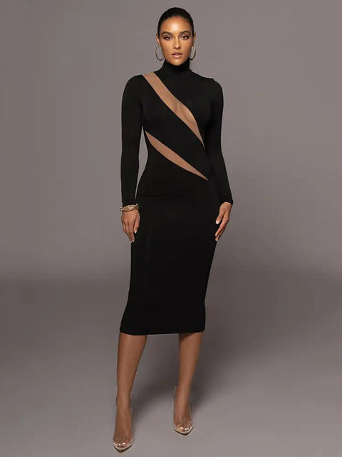 Autumn/winter Long Sleeve Mesh Patchwork Dress ’s Perspective Bodycon Midi Dress Female Party Evening Dress