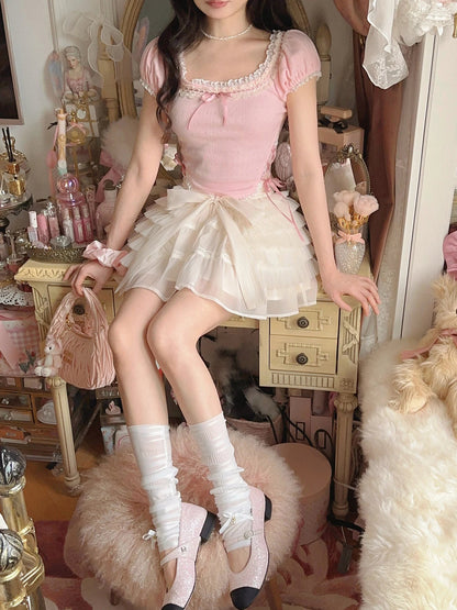 Sweet Lace Shirts Korean Pure Color Kawaii Blouse Female Summer Short Sleeve Crop Top Slim T2255