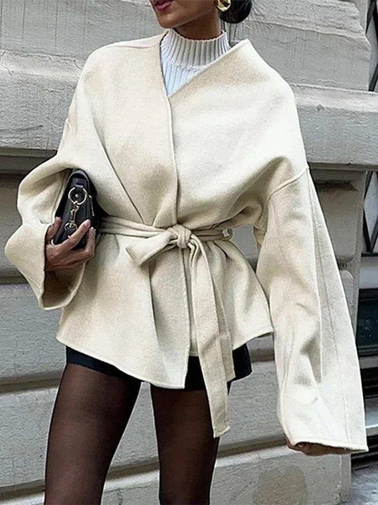 Lace Up Coat for V-neck Long Sleeve Slim Jacket Cardigan Autumn Winter Lady Outwear New in Coats
