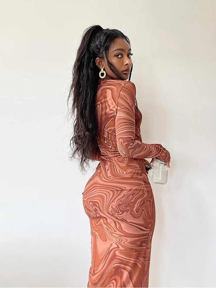 Bodycon Long Dresses for One Piece Club Outfit Evening Party Clothes O-neck Mid Calf Vestidoes De Mujer