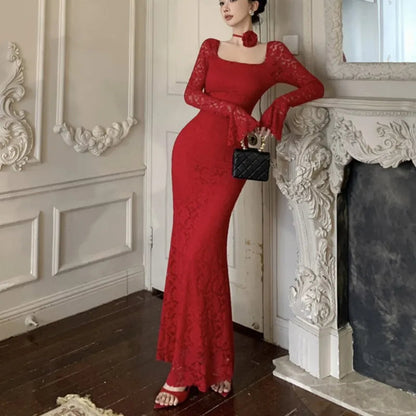 Lace Bodycon Maxi Dresses for Flare Sleeve Square Collar Slim Mermaid Evening Party Dress Fishtail Vestidos Prom Robe