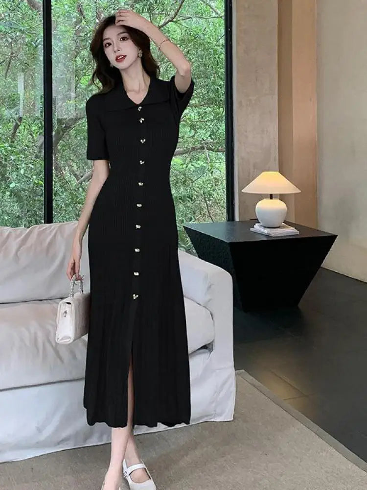 Black Beige Temperament Split Knit Dress Summer Single Breasted Robe Green Office Lady New Long Dress