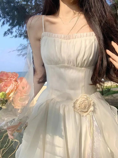 Irregular Ruffles Midi Dress New Summer Spaghetti Strap Beach Vocation Korean Female Vestidos