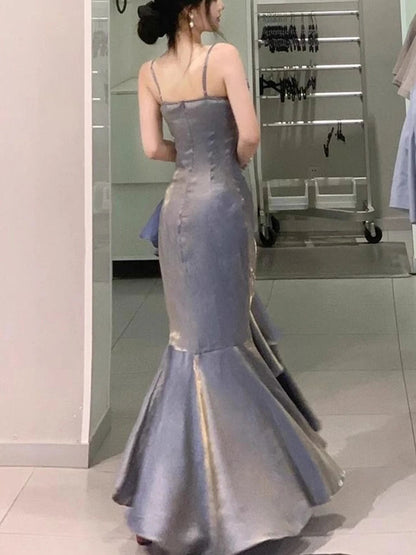 Korean Velvet Long Dress Slim Mermaid Spaghetti Strap Dress Evening Party Dress