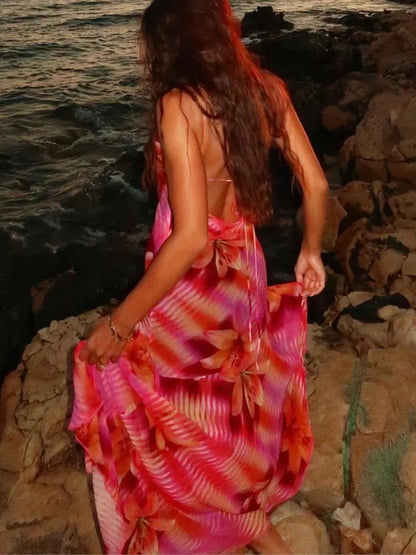 Flower Printed V Neck Beach Midi Dress