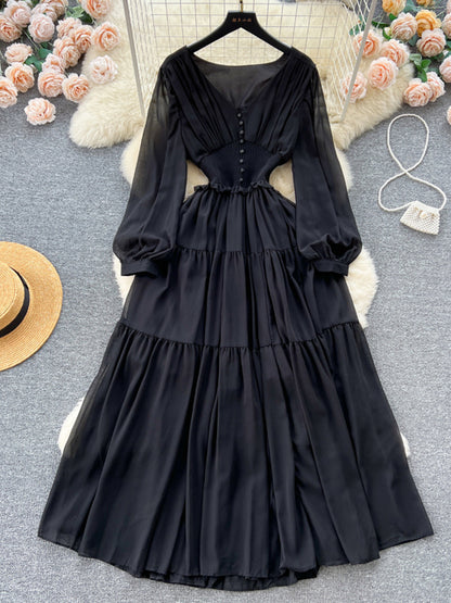 Chiffon Long Dress V-neck Long Sleeved Dresses French Pleated Slim A-line Long Robe Vestidos