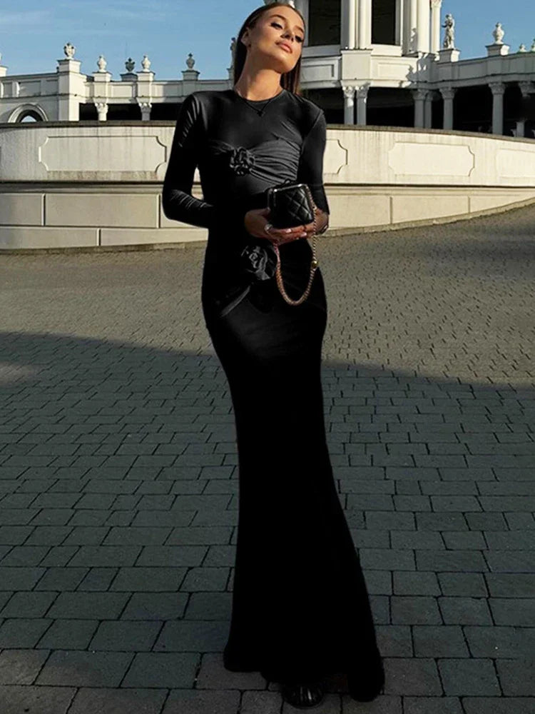 Slim Ruched Flower Maxi Dress for Long Sleeve Party Outfits High Elasticity Dresses