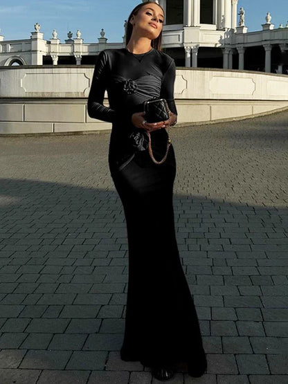 Slim Ruched Flower Maxi Dress for Long Sleeve Party Outfits High Elasticity Dresses