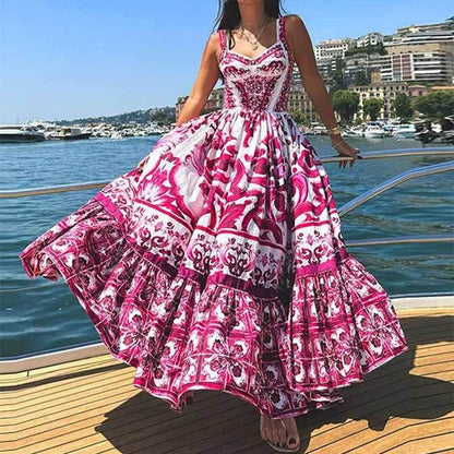 Color Printed Backless Spaghetti Strap Long Dress Sleeveless Vacation Beach Dresses for Female Vestidos