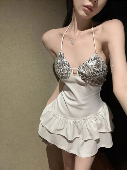 Dress Woman Patchwork Sequins Sleeveless Slim Backless Irregular Ruffles Hollow Out Party Mini Dresses
