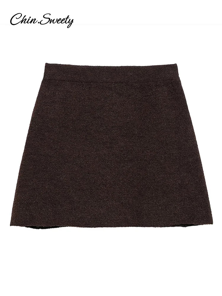 Brown Skirt Suits Knitted O-neck Long Sleeve Metal Button Cardigan High Waist A-line Mini Skirts Spring Lady Outfit