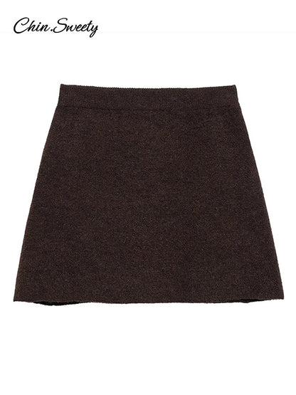 Brown Skirt Suits Knitted O-neck Long Sleeve Metal Button Cardigan High Waist A-line Mini Skirts Spring Lady Outfit