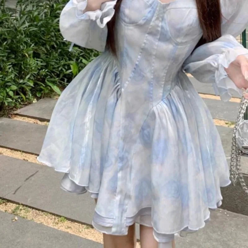 Spring Fall Aline Mini Dresses Blue Korean Vestidos Mujer Beach Style Sweet Print Dress