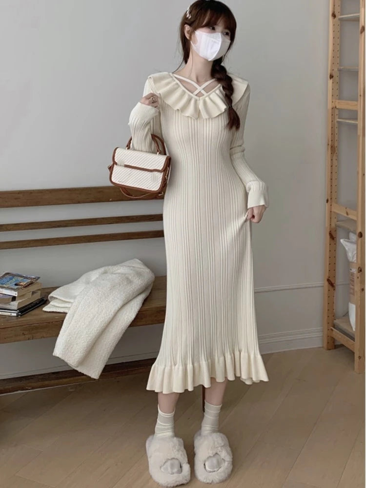 Autumn Knitted Dresses for Ruffles V-neck Bodycon Midi Dress Korean Vestidos Mujer New Knitwear