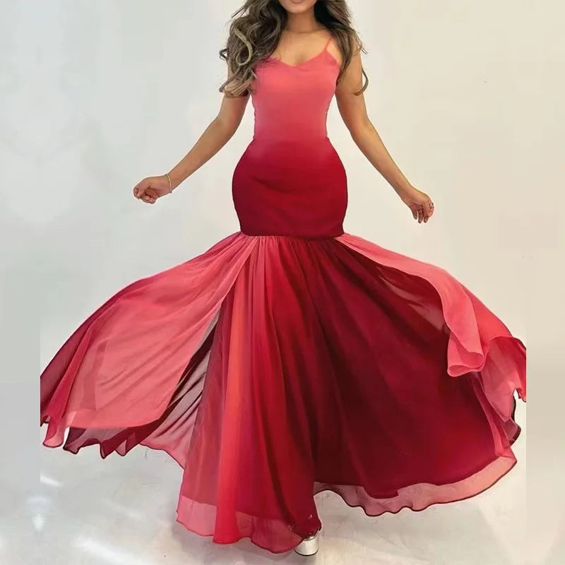 Vneck Spliced Big Ruffle Mermaid Party Dress Spring Gradient Print Slim Long Dress Summer Sleeveless Sling Hip Dress