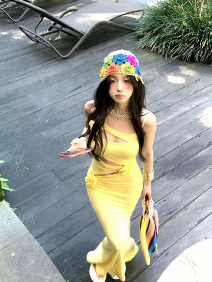 Barbie Hip Dress Summer New Hollow Party Dresses Waist Design Threedimensional Flowers Long Dress.
