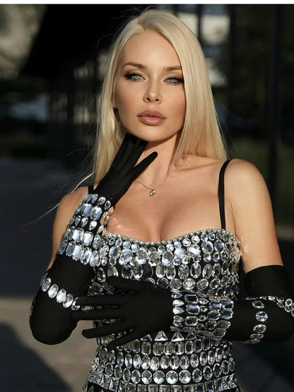 New Guest Wedding Party Dress Beading Long Sleeve Black With Golves Bodycon Bandage Slim Midi Dress New