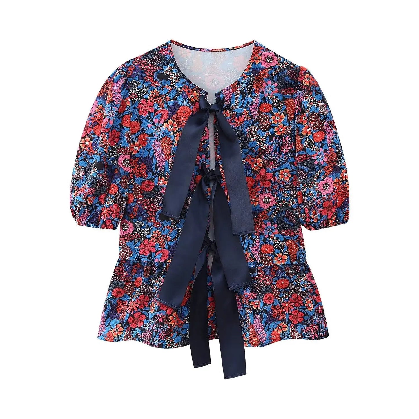 Woman Printed Blouses Top Lace Up Round Neck Short Sleeves Tshirt Female Flounce Cropped Tops