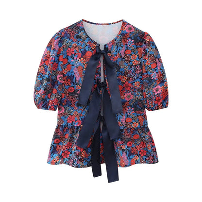 Woman Printed Blouses Top Lace Up Round Neck Short Sleeves Tshirt Female Flounce Cropped Tops
