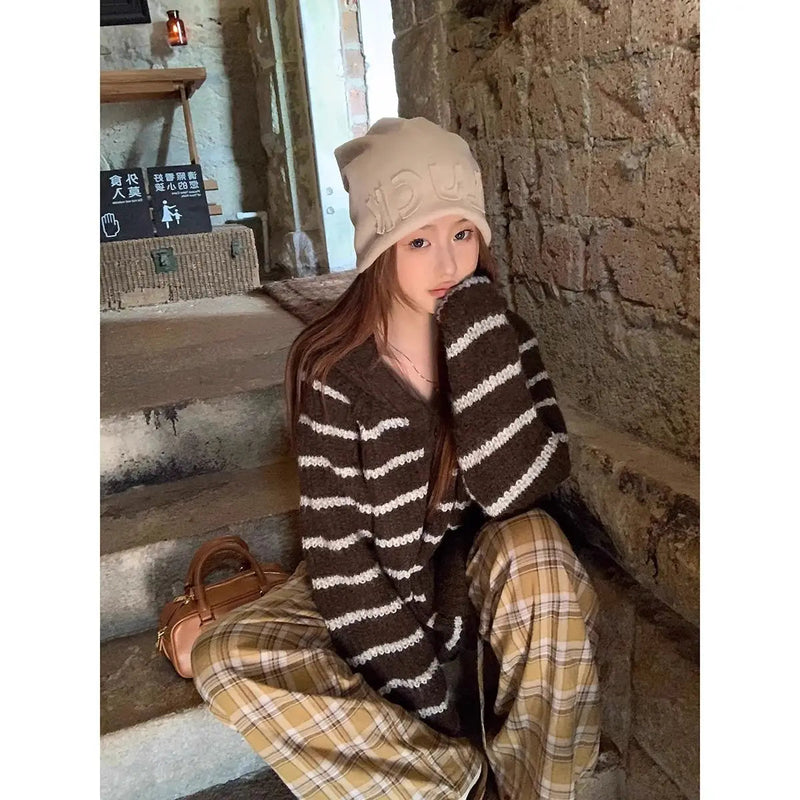 American Striped Hooded Sweater for Autumn and Winter New Lazy Style Thick Loose Knitted Cardigans Clothing