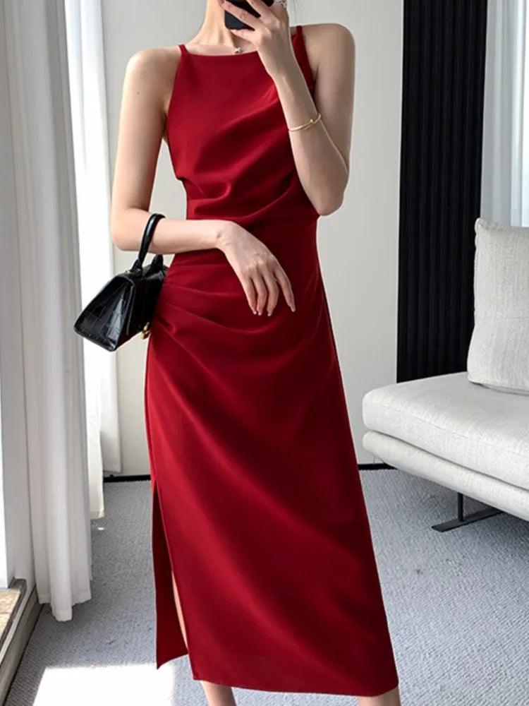 Summer Korean Slim Red Sleeveless Midi Dress New Spaghetti Straps Bodycon Split Clothes Office Lady Vestidos