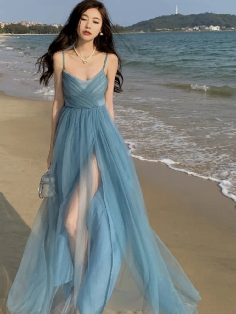 Beach Long Holiday Dress Blue Mesh Strap Vneck Split Maxi Dress Vestidos Elegantes Wedding Party Dresses Prom Dress