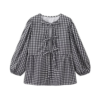 Summer Woman Bow Tied Lace Up Shirts Puff Short Sleeves Blouse Oneck Ruffle Color Tops