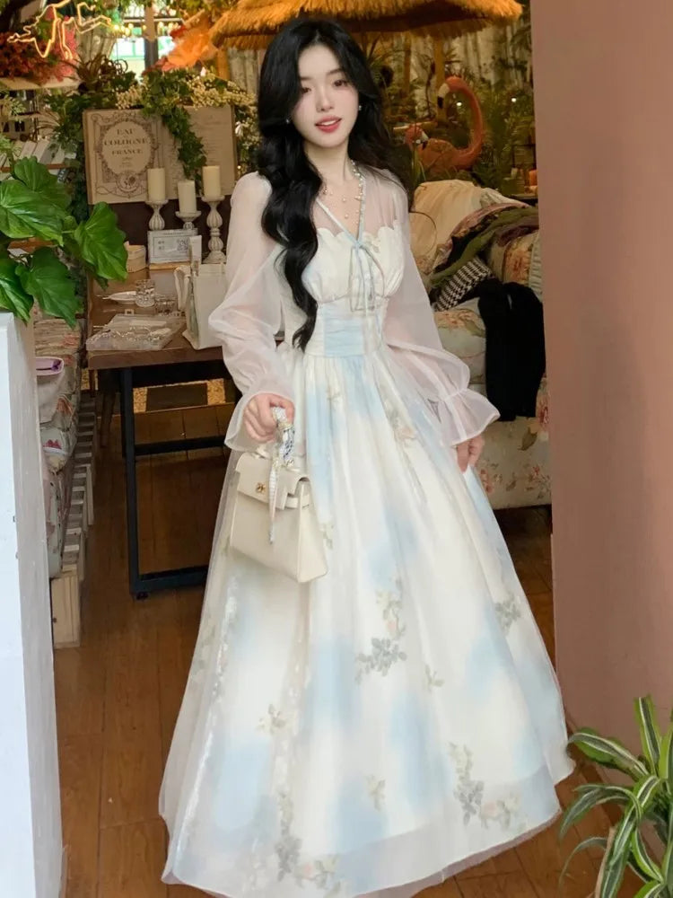 French Printed Midi Dress for Lantern Sleeve Vneck Slim Waist Aline Vestidos Birthday Party Robe
