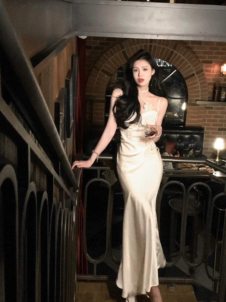 Summer Spaghetti Strap Evening Party Prom Club New Backless Split Satin Long Dresses Female Vestidos