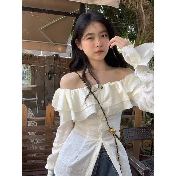 Slash Neck Ruffles Shirts Y2k Egirl Slim Waist Single Breasted Blouses Summer New Long Sleeve Blusas Mujer