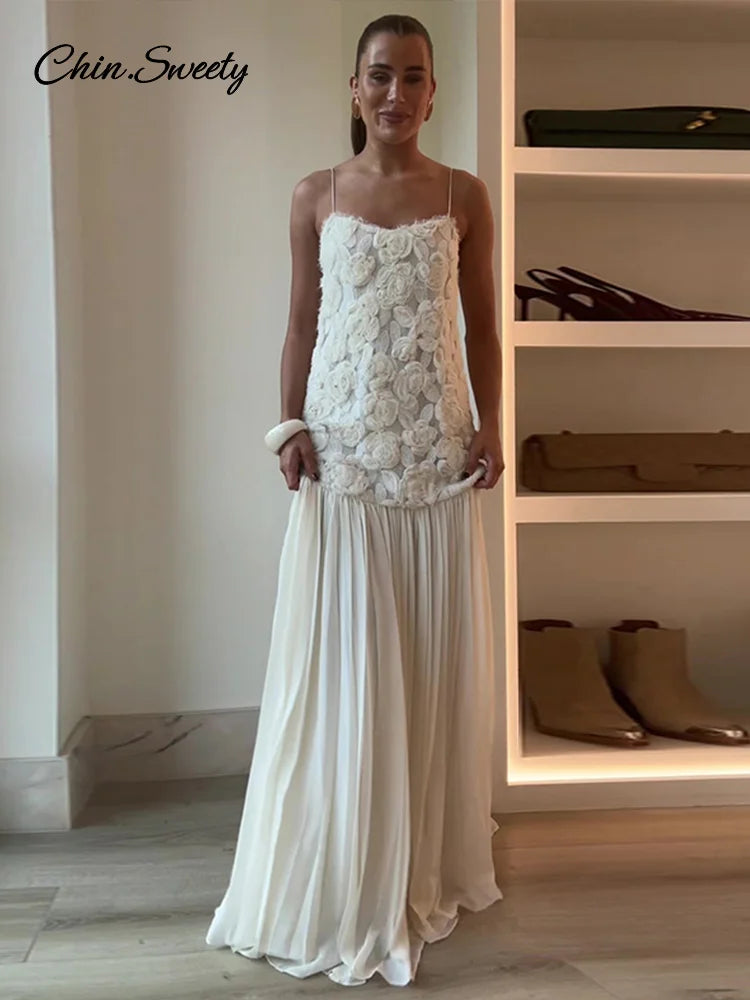 3d White Long Dress Patchwork Backless Pleated Party Evening Dresses Female Summer Lady A-line Robes