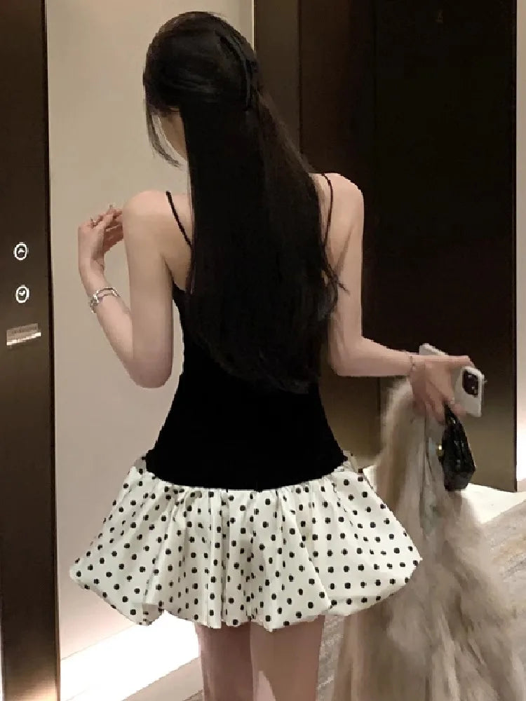 Dresses Bow Rhinestone Sweet Satin Patchwork Velvet Sleeveless V Neck Backless Mini Dress Party Female