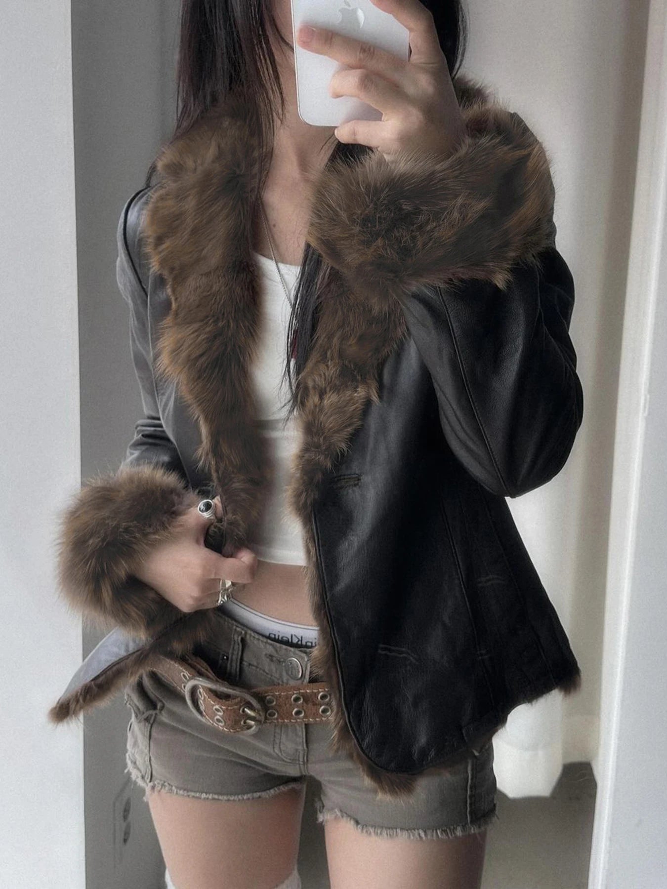 S Autumn New Clothes ��s Leather Coat Long Sleeve Spliced Faux Trim Button Slim Fit Coat