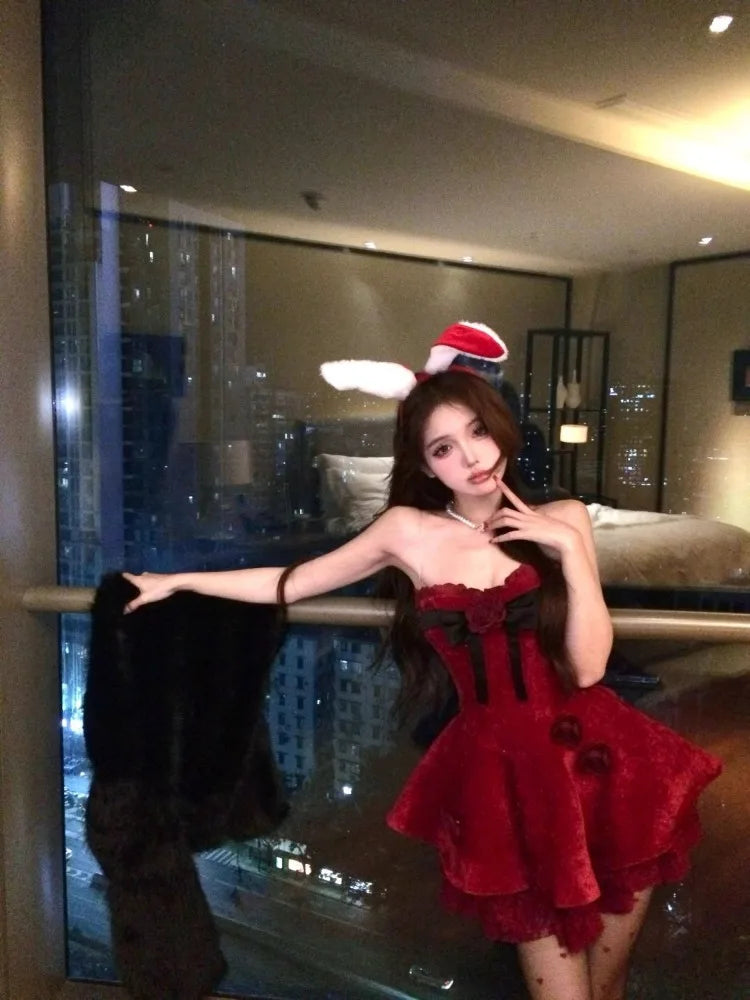 Dresses Bow Flowers Strapless Ruffles Patchwork Velvet Backless Slim Ball Gown Mini Dress Party Sweet
