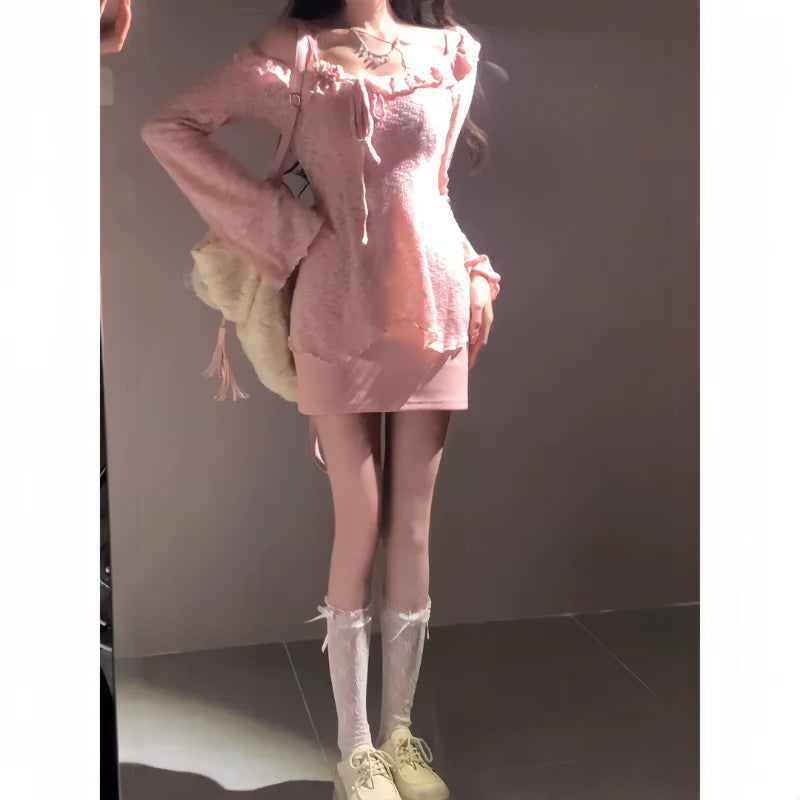 Beach Style Vneck 2 Piece Dress Sets Long Sleeve Y2k Mini Dress Even Party Summer Korean Outwear