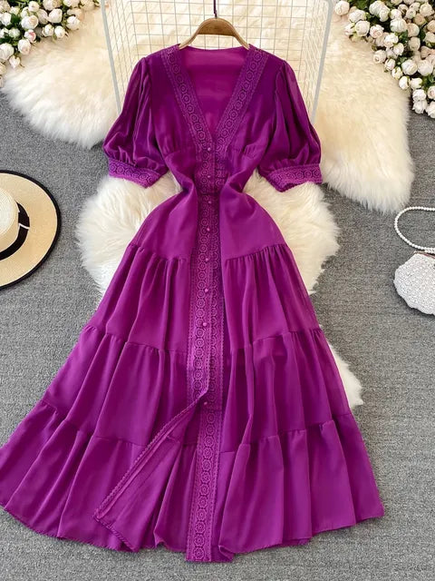 New Party Dress Summer Puff Sleeve V Neck Lace Single-breasted Long Dresses a Line Long Robe