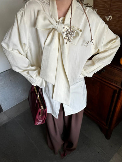 Beige Blouse Bow Tie Long Sleeve Shirt Female Oversized Office Spring Clothes