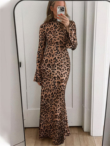 Leopard Printed Slim Long Dress Female Patchwork Contrast Long Sleeve Party Dress for Autumn Dress