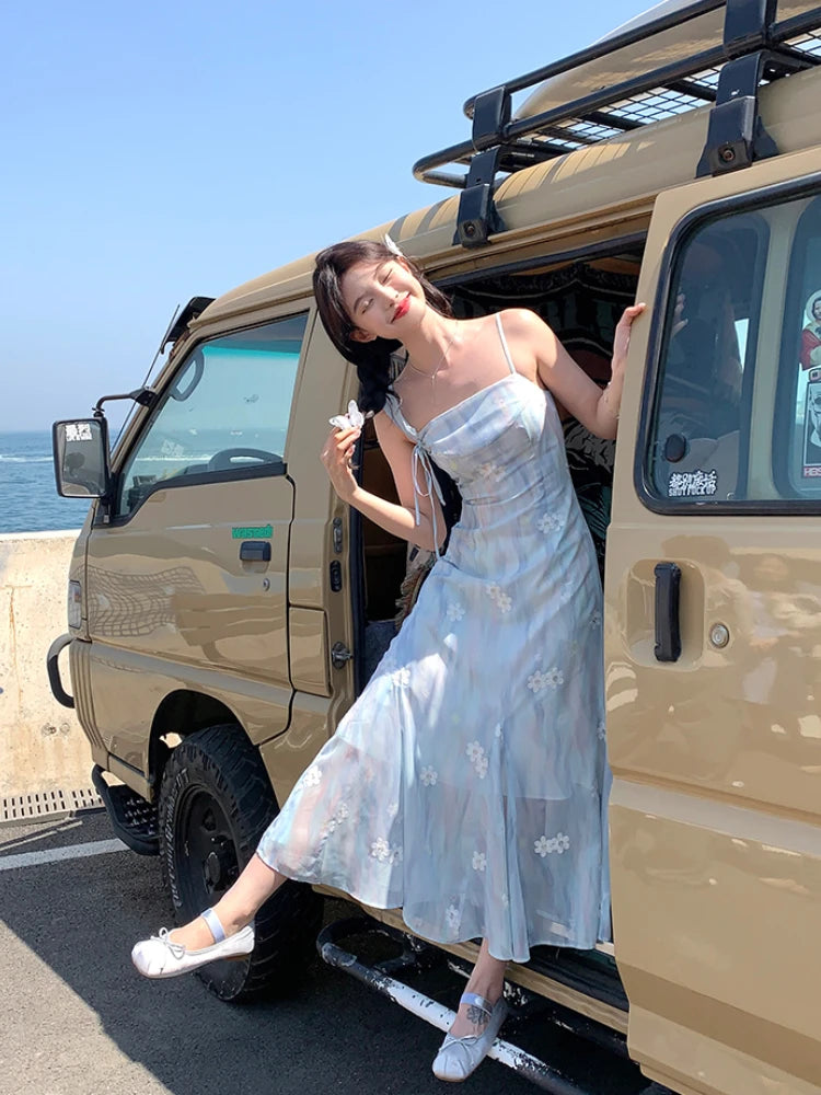 Summer Blue Chiffon Midi Dress Beach Embroidery One Piece Dress Korean Evening Party