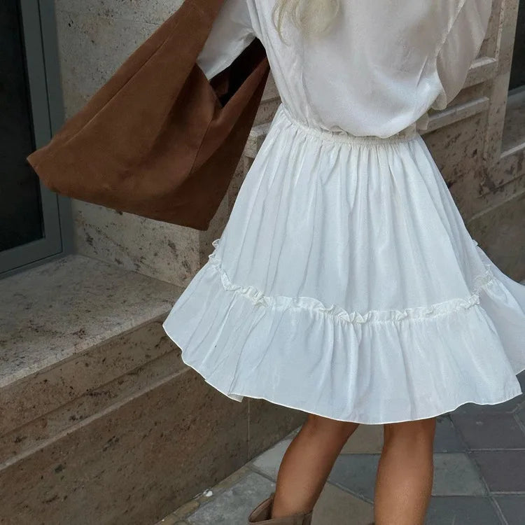 New Ruffles White Mini Dress Spring Summer Deep Vneck Flare Sleeve Waist Drawstring Vestidos Dresses