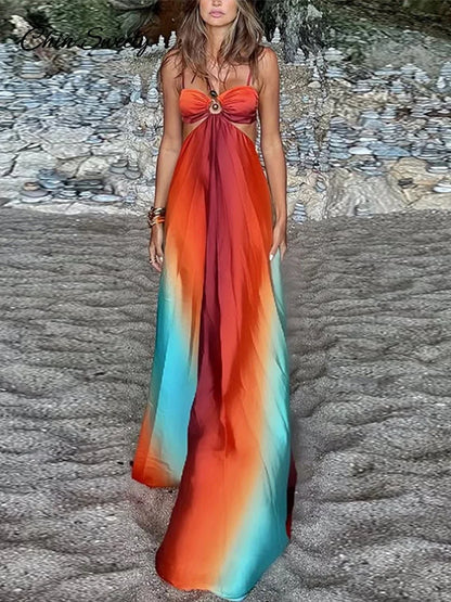 Slip Gradient Long Dress Satin Backless Cut Out Beach A-line Dresses Summer Lady Pleat Vacation Robes